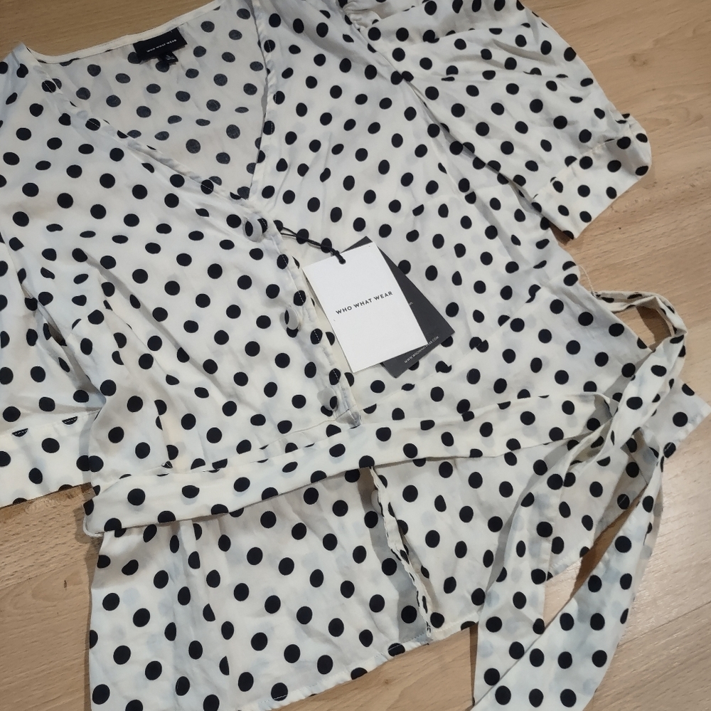 Who What Wear Monochrome Polka Dot Top Puffy Sleeves Vintage Style - Picture 6 of 11